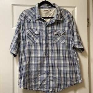 Vtg LEVIs Mens Authentic Jeanswear Shirt XXL Red Tab Blue Plaid Pearl Snap EUC